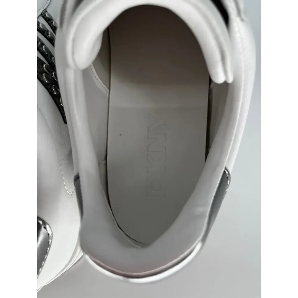 DKNY Abeni Sneakers Logo Detail Lace Up White Silver - Size 8.5M